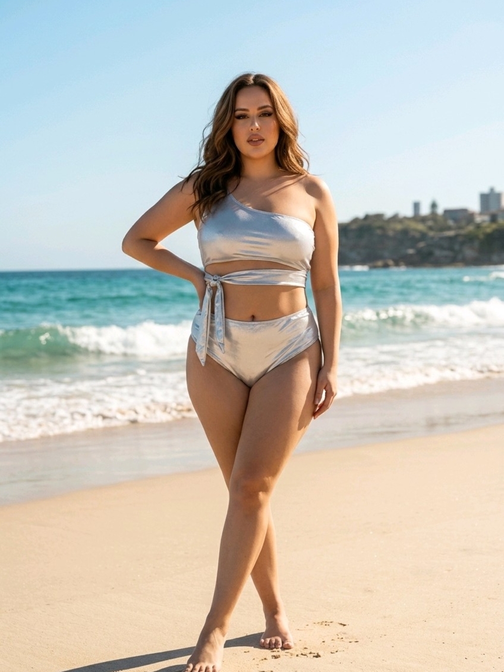 SHEIN Metallic Silver One-Shoulder Wrap Bikini Set
